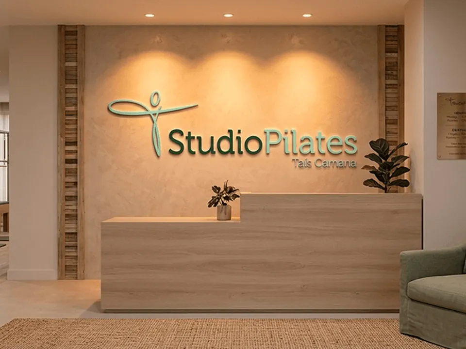 Recepção de estúdio com o logotipo StudioPilates aplicado na parede